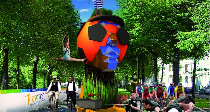 Visualisierung einer überlebensgroßen Skulptur zum StadtFestSpiel in einer Allee mit Menschen