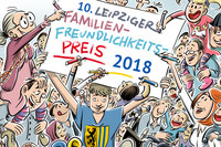 Eine Comiczeichnung mit vielen Menschen, die alle in Richtung Bildmitte schauen. In der Bildmitte hält ein Junge mit dem Leipziger Stadtwappen auf dem T-Shirt ein Schild in die Höhe, auf dem "10. Leipziger Familienfreundlichkeitspreis 2018" steht. Einige der Leute malen mit Stiften auf das Schild.