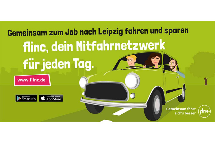 Poster zur Fahrgemeinschaftsplattform für die Automobil- und Logistikbranche im Leipziger Norden mit Grafik eines kleinen grünen Autos mit drei Menschen drin.