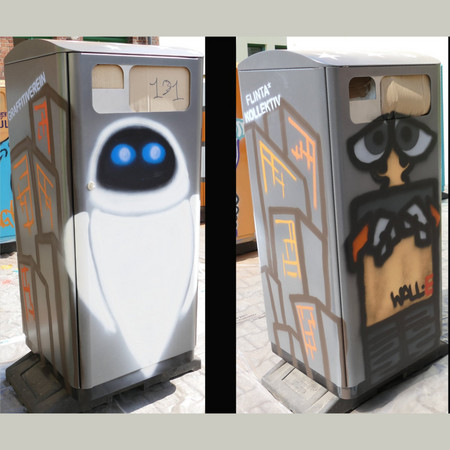 Abfallbehälter mit Graffiti-Motiv, Eve und WALL.E aus dem Film