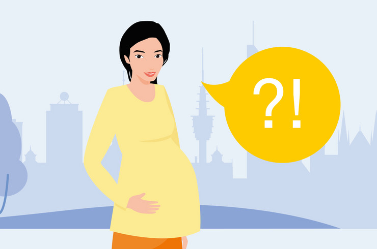 Grafische Darstellung einer schwangeren Frau im gelben Oberteil mit einer Sprechblase mit Fragezeichen und Ausrufezeichen