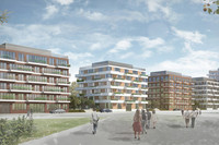 Visualisierung eines neuen geplanten Wohngebietes am Bayerischen Bahnhof mit mehreren mehrstöckigen Häusern. Auf einem breitem Weg davor laufen ein paar Menschen.