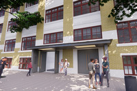Grafische Darstellung des zukünftigen Eingangs der Schule Schraderhaus mit Schülerinnen und Schülern vor dem Gebäude.