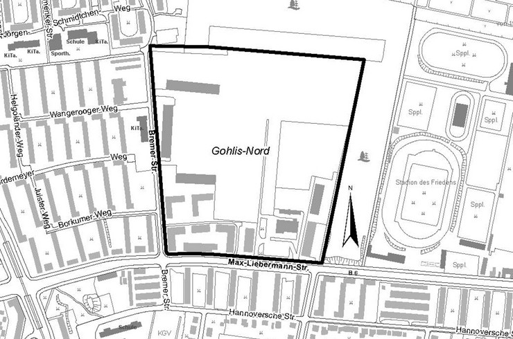 Karte mit Geltungsbereich Bebauungsplan Nr. 433 Stadtquartier östlich Bremer Straße