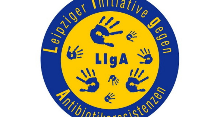 Logo LIgA(Leipziger Initiative gegen Antibiotikaresistenzen) mit blauen Handabdrücken auf gelbem Kreis