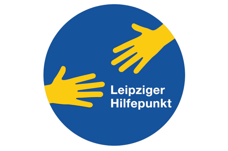 Logo des Leipziger Hilfepunkts. Blauer Kreis und gelbe Hände.