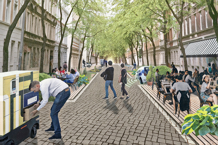 Visualisierung: Straßenraum ohne parkende Autos, mit Platz zum Spazieren und Sitzen