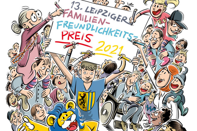 Plakat zum Familienfreundlichkeitspreis mit vielen gezeichneten unterschiedlichen Menschen, die das Plakat "13. Leipziger Familienfreundlichkeitspreis 2021" hochhalten und darauf zeichnen