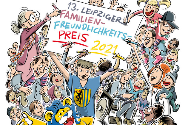 Plakat zum Familienfreundlichkeitspreis mit vielen gezeichneten unterschiedlichen Menschen, die das Plakat "13. Leipziger Familienfreundlichkeitspreis 2021" hochhalten und darauf zeichnen