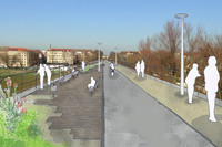 Zeichnung mit Silhouetten mehrer Menschen und einem Weg auf einem alten Viadukt