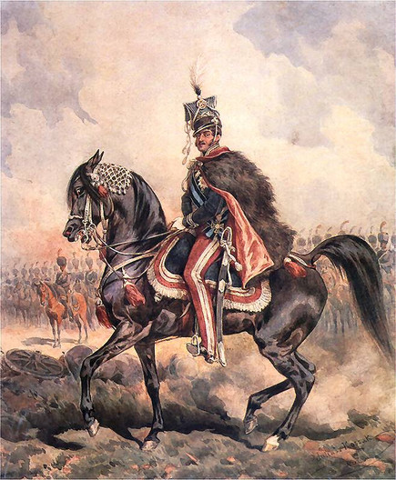 Gemälde: Fürst Józef Antoni Poniatowski auf einem Pferd während einer Schlacht.