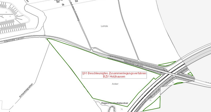 Kartenausschnitt mit Markierung Flurbereinigungsverfahrens "BZV Holzhausen"