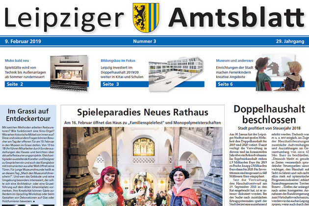 Titelseite des Leipziger Amtsblattes vom 9. Februar 2019 zeigt zwei als Schneewittchen und Arielle verkleidete Frauen bei der Eröffnung des Familienspielefestes im Neuen Rathaus
