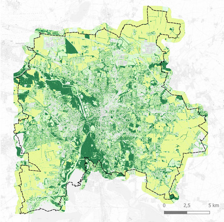 Kartenansicht der Stadt Leipzig mit gelben und grünen Flächen, die die Vegetation in der Stadt zeigen