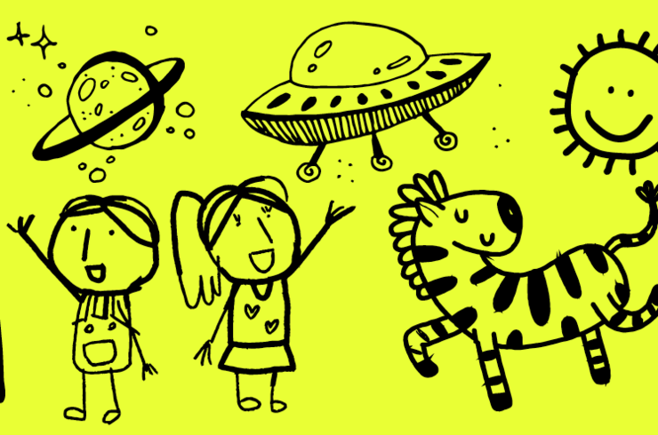 Ein kindlich gemaltes Bild mit einer Schule, zwei Kindern, einem Zebra, Ufo, Planeten und Sonne darauf.
