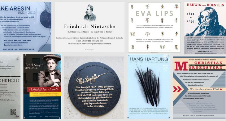 Collage mit Bildern von Gedenktafeln in Leipzig