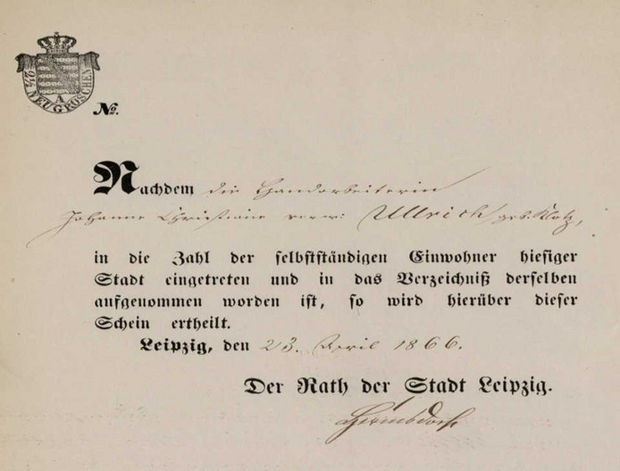 Auszug Aufnahmeakte zur Gewinnung des Bürgerrechts; Bescheinigung der Aufnahme Johanna Ullrichs als Schutzverwandte der Stadt Leipzig vom 23. April 1866