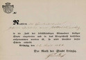 Auszug Aufnahmeakte zur Gewinnung des Bürgerrechts; Bescheinigung der Aufnahme Johanna Ullrichs als Schutzverwandte der Stadt Leipzig vom 23. April 1866