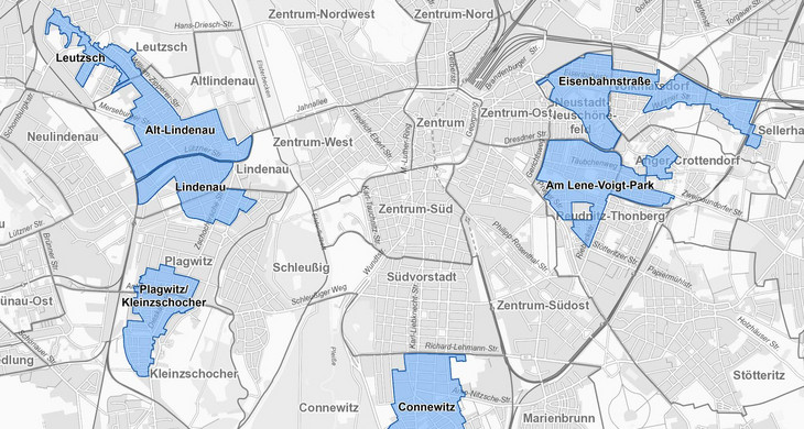 Die Karte zeigt die acht Sozialen Erhaltungsgebiete in Leipzig, Stand 2022