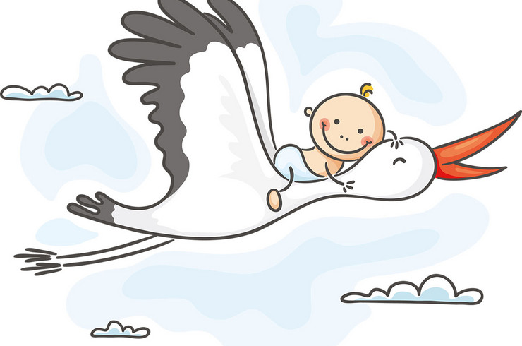 Illustration: Ein Baby sitzt auf einem fliegendem Storch
