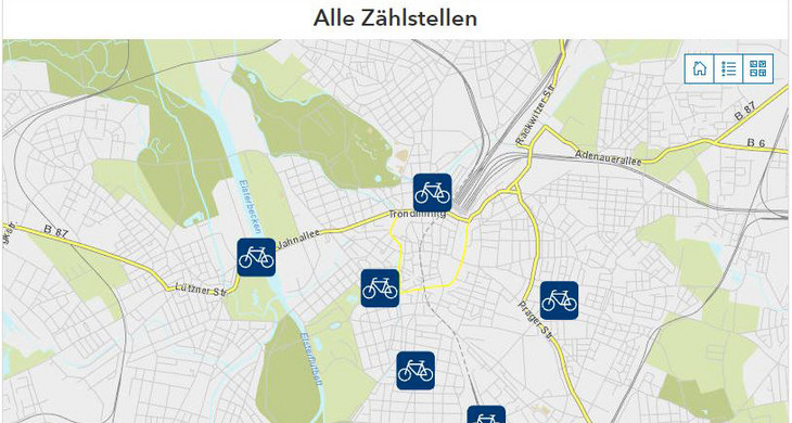 Karte mit der Übersicht der Fahrrad-Dauerzählstellen in Leipzig