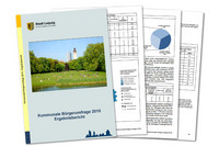Titelseite und Ausschnitte weiterer Seiten der Kommunalen Bürgerumfrage 2015 mit verschiedenen Tabellen und Diagrammen.