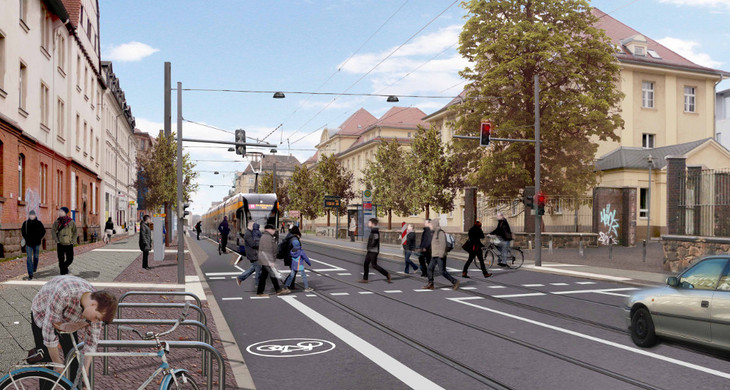 Visualisierung der Umgestaltung Georg-Schumann-Straße zwischen Huygenstraße und S-Bahn-Brücke mit Straßenansicht, einer Fußgängerampel und Fahrradweg
