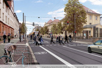 Visualisierung der Umgestaltung Georg-Schumann-Straße zwischen Huygenstraße und S-Bahn-Brücke mit Straßenansicht, einer Fußgängerampel und Fahrradweg