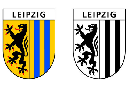 Marketingwappen der Stadt Leipzig farbig und schwarz weiß mit Schriftzug Leipzig im Wappenschild