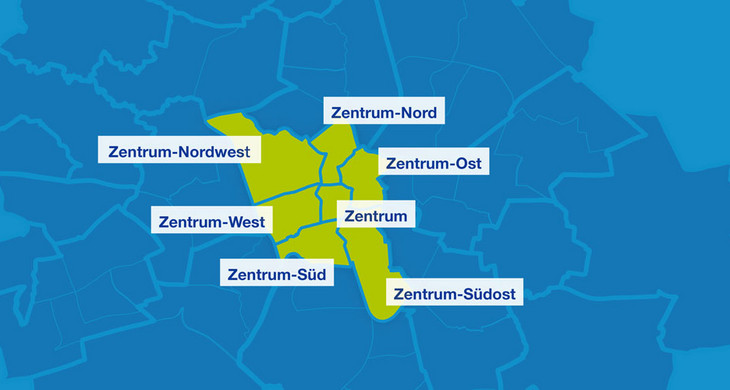 Karte mit den Umrissen der Leipziger Ortsteile. Hervorgehoben sind Zentrum-Nordwest, Zentrum-West, Zentrum-Süd, Zentrum-Südost, Zentrum, Zentrum-Ost und Zentrum-Nord.
