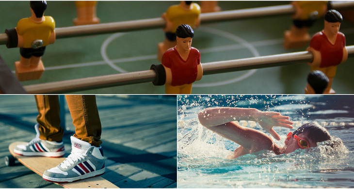 Collage mit einem Ausschnitt eines Tischkickers, Füßen auf einem Skateboard und einem schwimmenden Jungen.