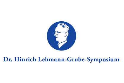 Bildnis von Dr. Hinrich Lehmann-Grube blau auf weißem Grund mit Bildunterschrift "Dr. Hinrich-Lehmann-Grube Symposium"