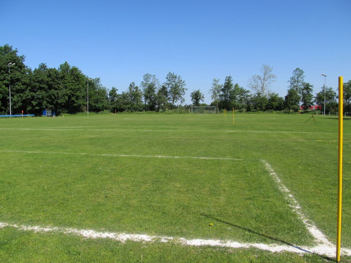 Grüne Rasenfläche eine Fußballfeldes mit weiß markierten Linien. Am anderen Ende der Fläche steht ein großes Fußballtor.
