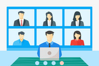 Grafik einer Online-Videokonferenz. Ein Mann sitzt an einem Laptop. Dahinter andere Menschen auf Videobildschirmen.