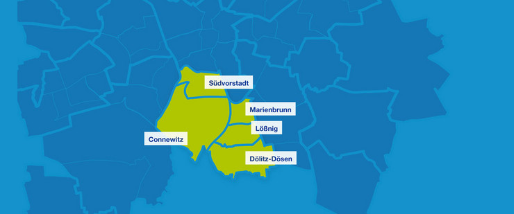 Karte mit den Umrissen der Leipziger Ortsteile im Süden. Hervorgehoben sind Südvorstadt, Connewitz, Marienbrunn, Lößnig und Dölitz-Dösen