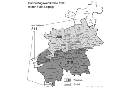 Karte mit den Bundestagswahlkreisen 1998 in der Stadt Leipzig.