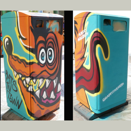 Abfallbehälter mit Graffiti-Motiv, ein gefährliches Tier