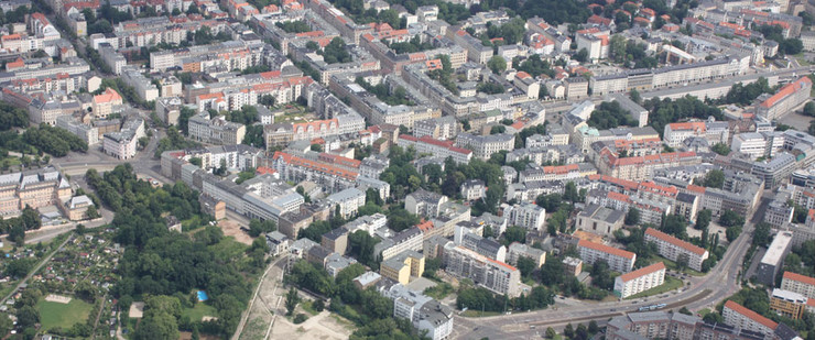 Luftbildaufnahme des Waldstraßen- Bachstraßenviertels