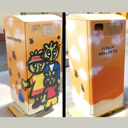 Abfallbehälter mit Graffiti-Motiv, eine Olchi-Familie