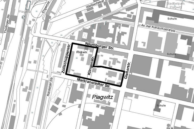 Karte mit eingezeichnetem Geltungsbereich des Bebauungsplans Nr. 477 Wohnquartiere östlich der Zollschuppenstraße