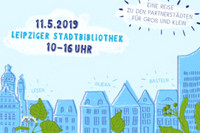 gezeichnete blaue Skyline von Leipzig mit verschiedenen Häusern, City-Hochhaus und Neuem Rathaus.