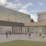 Animation eines cremefarbenen Schulgebäudes mit Sporthalle auf der linken Seite sowie einem Vorplatz.