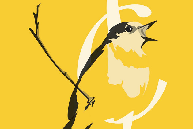 Zeichnung eines Vogels auf einem Zweig auf gelbem Hintergrund