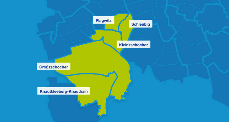 Karte mit den Umrissen der Leipziger Ortsteile im Südwesten. Hervorgehoben sind Plagwitz, Schleußig, Kleinzschoche, Großzschocher und Knautkleeberg-Knauthain