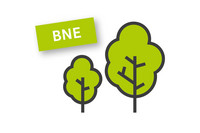 Piktogramm mit zwei Bäumen, daneben der Schriftzug "BNE"