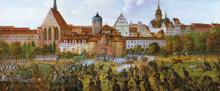 Das undatierte Gemälde Ernst Wilhelm Straßbergers aus dem Bestand des Leipziger Stadtgeschichtlichen Museums zeigt ein Gefecht im Rahmen der Leipziger "Völkerschlacht" vor den Stadttoren.