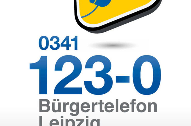 Plakat des Bürgertelefons mit Logo: Telefonhörer auf gelbem Viereck. Dazu Telefonnummer 0341 123-0
