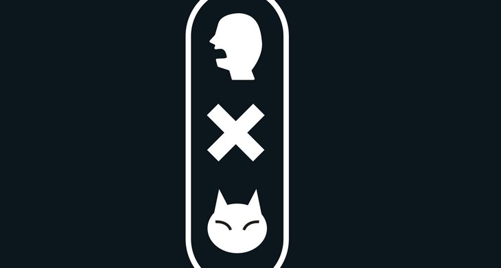 Grafik eines sprechenden Kopfes, eines x-Zeichens und eines Katzenkopfes.