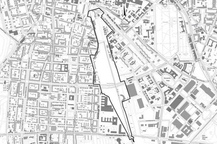Stadtplanausschnitt mit markiertem Geltungsbereich des Bebauungsplans