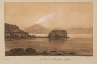 Schwarz-Weiß-Zeichnung eines Sees, an dessen Ufer eine Stadt an einem Hügel steht. Auf einer Insel im See steht eine Festung. Im Hintergrund stößt ein Vulkan Rauchschwaden aus.